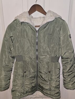 DKNY Olive Green Puffer Jacket with Faux Fur Hood